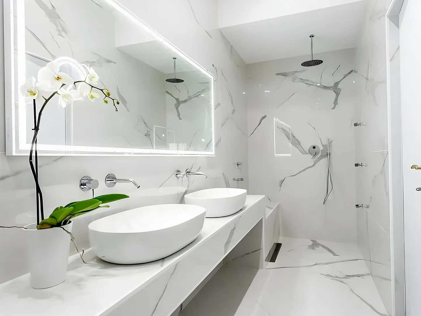 Baño premium con mármol calacatta y doble lavabo en Les Franqueses del Vallès